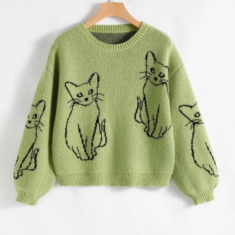 Boho Green Cat Pattern Drop Shoulder Sweater top - Picture 1 of 4